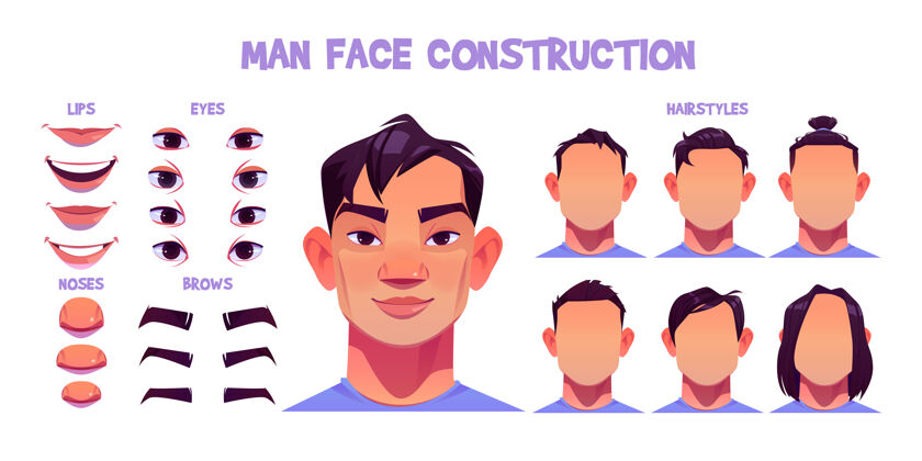 创建亚洲男人的脸结构 头像与白色隔离部分创造矢量卡通集男性角色的眼睛 鼻子 发型 眉毛和嘴唇皮肤包头发化身零件