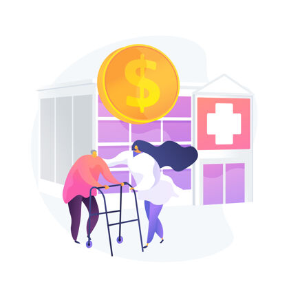 成本退休人员医疗费用老年病人治疗 预算财务 健康保险计划护士帮助老人 退休客户向量隔离概念隐喻说明护士医院病人
