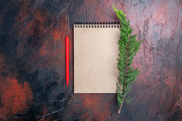 古董顶视图红色钢笔一个小蝴蝶结的记事本一个松树枝在暗红色的表面上有复制空间景笔弓