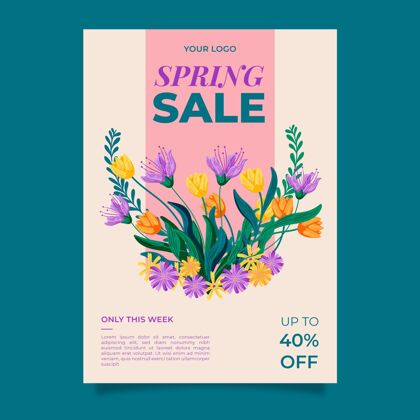 手绘绘制春季销售海报模板美丽开花花卉