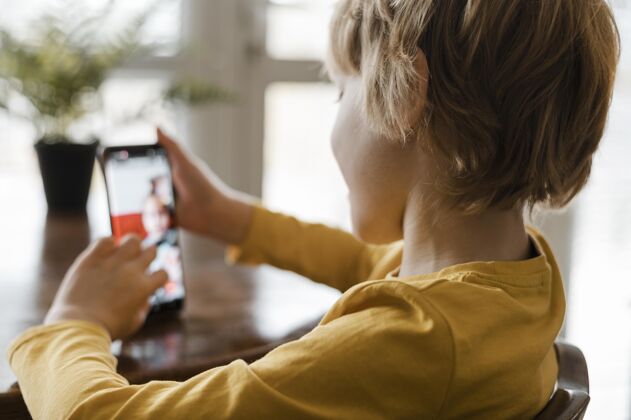娱乐男孩在家使用智能手机的侧视图娱乐电子青年