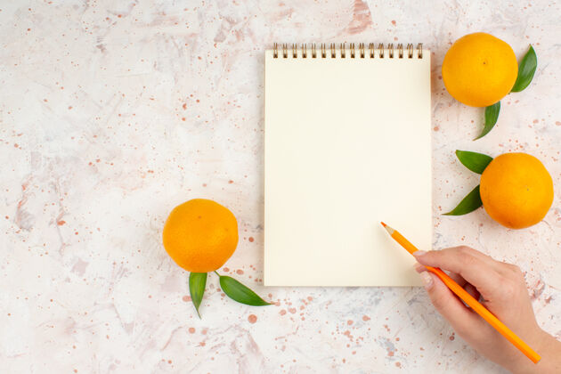 明亮顶视图新鲜的柑橘笔记本铅笔在女性手中明亮的隔离表面与自由空间蜡笔新鲜的普通话铅笔