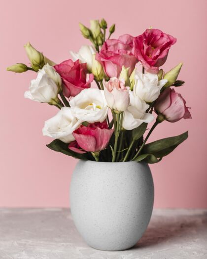 花粉红色墙壁旁边的花瓶里放着一束玫瑰花花束组成美丽