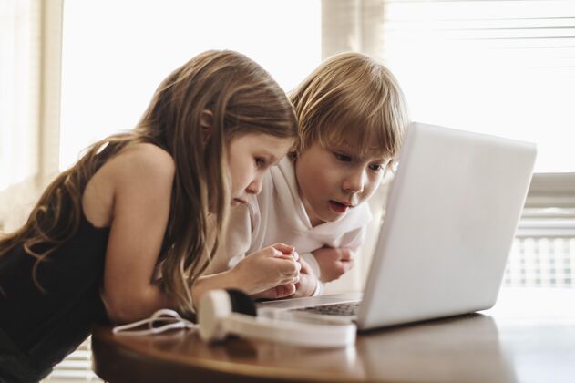 电子孩子们一起使用笔记本电脑的侧视图娱乐科技科技