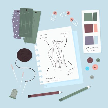工作时装设计师元素和图纸平面设计缝纫时装模特
