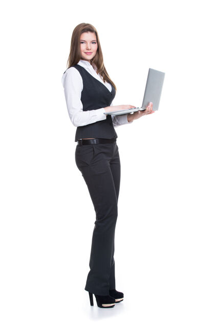 电脑肖像成功的年轻女商人手持笔记本电脑在全长-孤立的白色手抱着屏幕