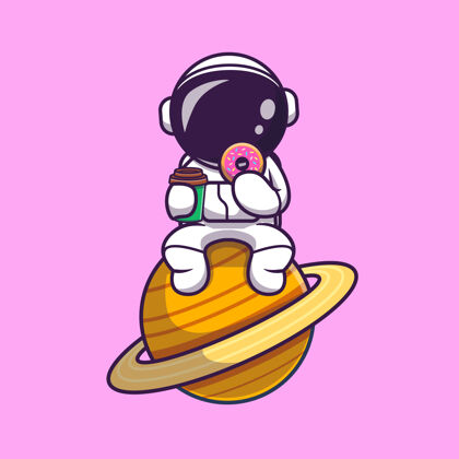 吃可爱的宇航员吃甜甜圈 拿着咖啡杯在月球卡通头盔杯子卡通
