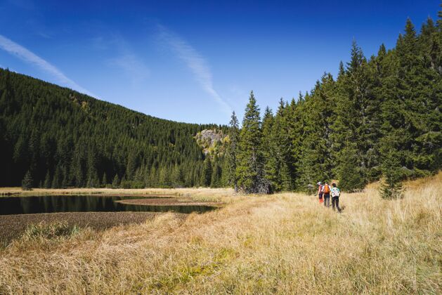 步行徒步旅行者沿着风景优美的山峦 树木和湖泊行走人蓝色冒险