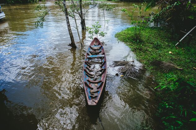 海岸巴西湖上木船的特写镜头板农村河流