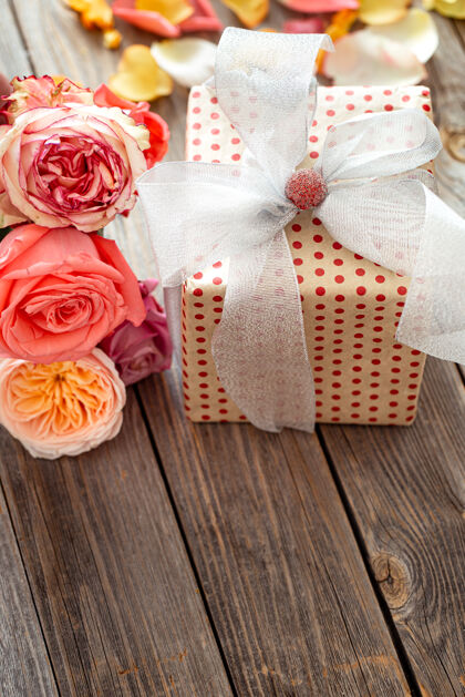 春天包装精美的情人节或妇女节礼品盒和新鲜玫瑰节日概念组成礼物节日