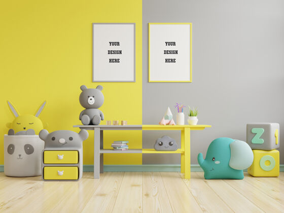地板模拟海报框架在儿童房的黄色照明和最终灰色墙上男孩灰色爱