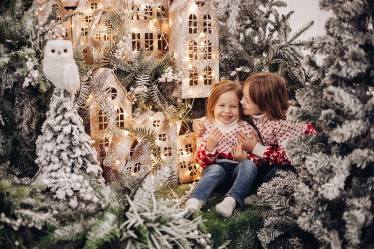 室内姐妹们在一个美丽的圣诞装饰中为相机摆姿势 雪地里有很多树孩子孩子庆祝