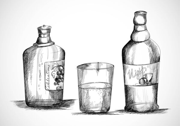 酒精手绘威士忌瓶与饮料杯素描设计液体鸡尾酒单人