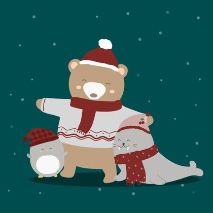 企鹅企鹅 海豹和熊在冬季服装风景涂鸦圣诞节