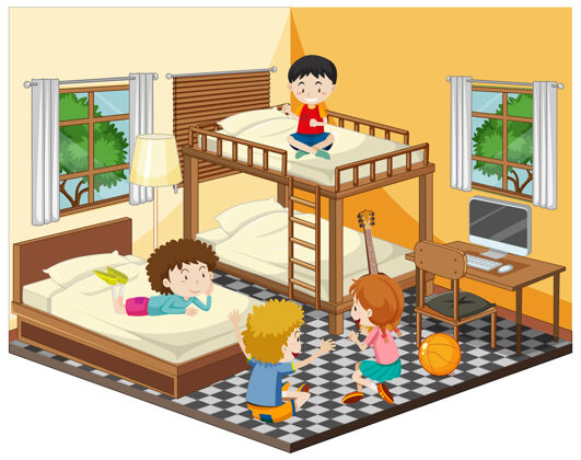 家具快乐的孩子们在卧室里玩耍的场景枕头朋友风景
