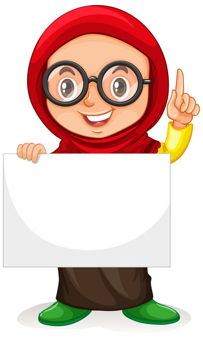 女孩可爱的年轻女孩卡通人物手持空白横幅伊斯兰教孩子学生