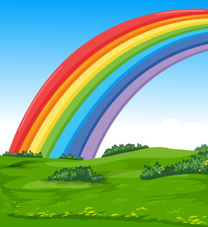 可爱五彩缤纷的彩虹与草地和天空卡通风格剪贴画剪贴画彩色
