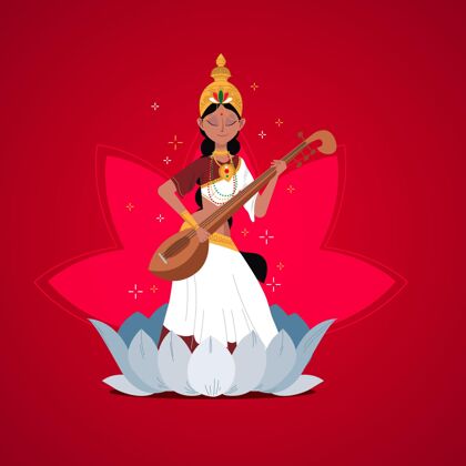 繁荣萨拉斯瓦蒂女神在演奏乐器乐器节日事件