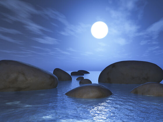 风景大海中的岩石在日落的天空中的3d渲染海阳光云