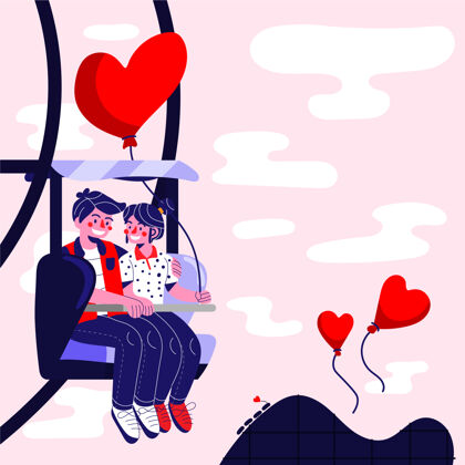 浪漫可爱的夫妇在一个有趣的车轮插图浪漫情人节情人节