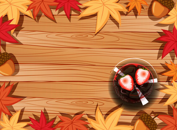 树叶木桌顶视图 带有甜点和秋叶元素甜味树叶空