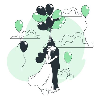 情侣带着气球漂浮的情侣？概念图爱婚礼人