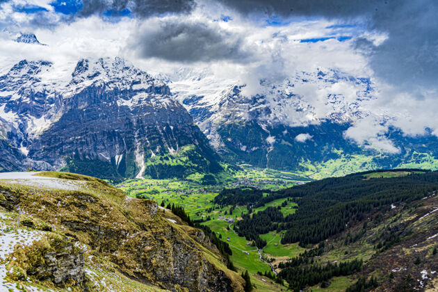 欧洲美丽的拍摄雪阿尔卑斯山和绿色山谷在格林德瓦尔德 瑞士自然田野绿色