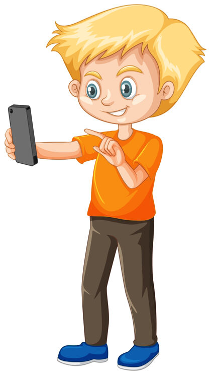 相框穿着橙色衬衫的男孩用智能手机卡通人物隔离在白色背景上电话在线手机