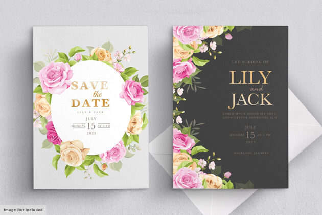 年份带粉色花朵的结婚卡套装优雅婚礼请柬请柬