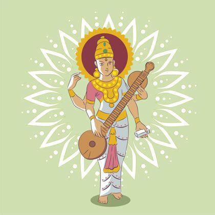 萨拉斯瓦提女神演奏乐器快乐萨拉斯瓦蒂文化手绘普贾