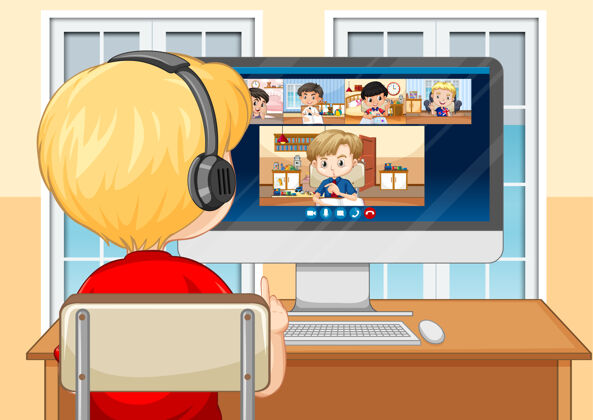 学习一个男孩在家里和朋友交流视频会议的场景孩子风景小