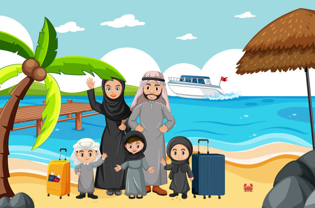 树阿拉伯家庭度假海滩阿拉伯人