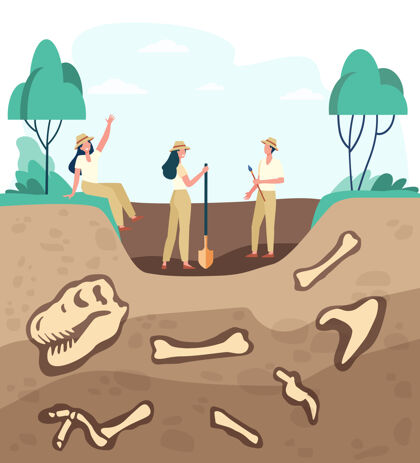 户外一群考古学家发现化石 挖掘恐龙骨骼的地面考古学 古生物学 科学 探险概念的矢量插图男人动物地质学