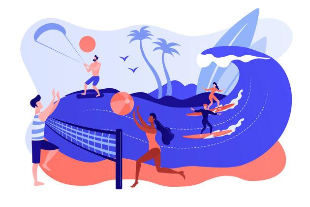 假日成人打排球 冲浪和风筝冲浪夏季海滩活动 海岸娱乐 海洋动画服务概念粉红珊瑚蓝矢量独立插图海滩服务珊瑚