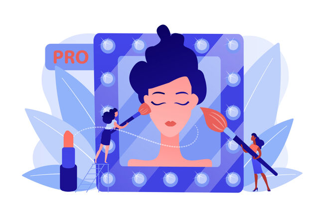 平面专业化妆师用化妆刷在镜子里的女人脸上化妆专业化妆 专业艺术 化妆师的工作理念粉红珊瑚蓝矢量独立插图专业美容专业