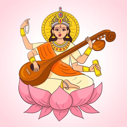 印度教手绘萨拉斯瓦蒂演奏乐器传统印度绘画