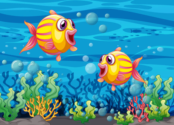 卡通许多异国情调的鱼卡通人物在水下插画海洋感觉风景