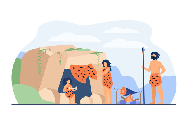 家庭史前家庭夫妇和小孩穿着豹皮 在洞穴入口处烹饪食物矢量插图为古代人石器时代 穴居人晚餐的概念原始插图豹子
