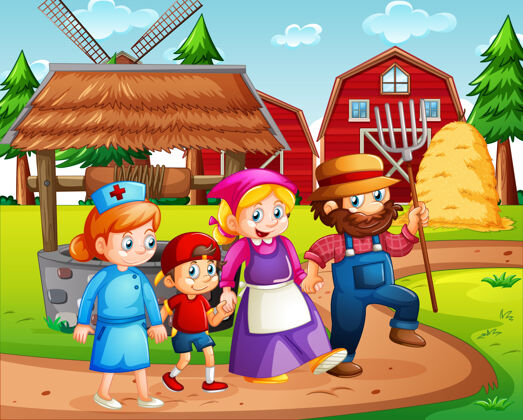 温暖幸福的家庭在农场与红色谷仓和风车的场景男性人动物