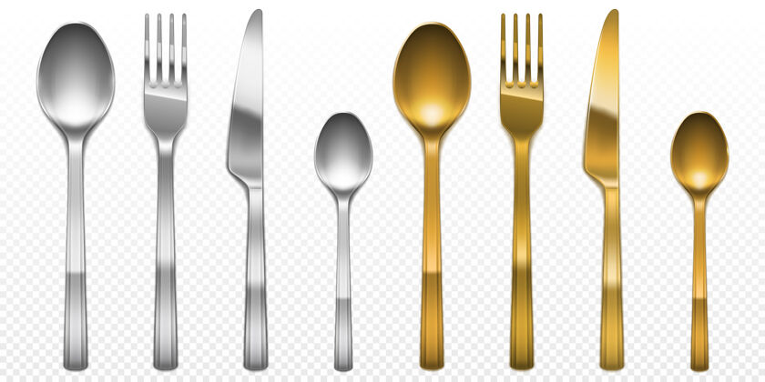 金三维餐具的金银色叉 刀和勺子集银器和金餐具 餐饮豪华金属餐具顶视图隔离在透明的背景 真实的插图银匙套装