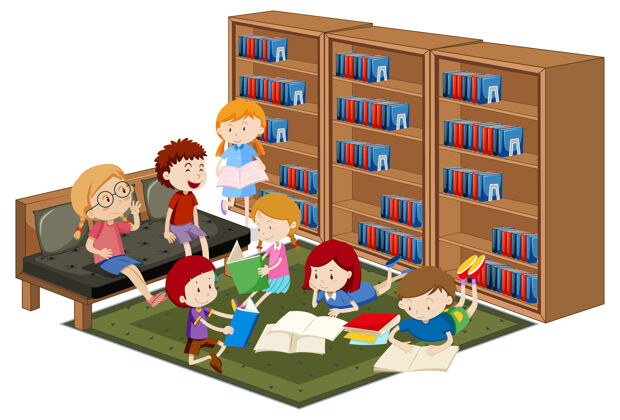 休闲孩子们在图书馆看书预订装饰乐趣家庭作业