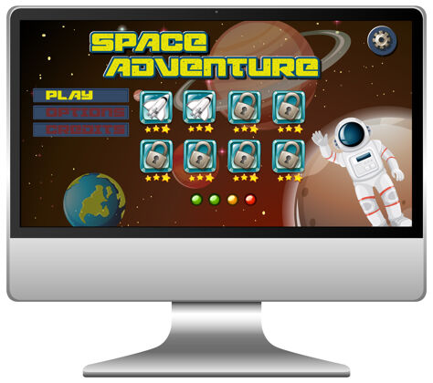 冒险电脑屏幕上的太空探险任务游戏宇航员模板空间