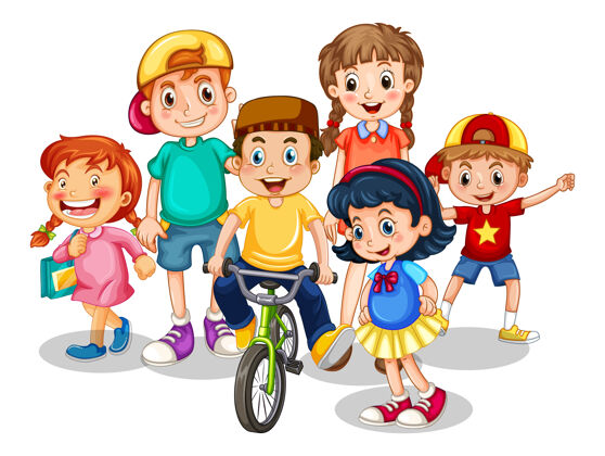 孩子白色背景上的一群幼儿卡通人物团体微笑朋友