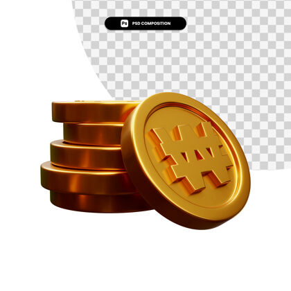 硬币一堆金币在3d渲染隔离货币渲染银行