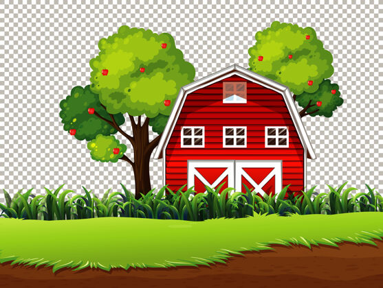 大棚红色谷仓 透明背景上有草地和苹果树草地农场木制