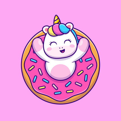 独角兽可爱的独角兽与甜甜圈卡通自然吉祥物甜食