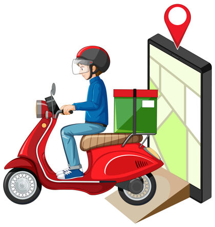 摩托车送货员潜水摩托车或摩托车与地图屏幕上的平板电脑送货移动应用摩托车
