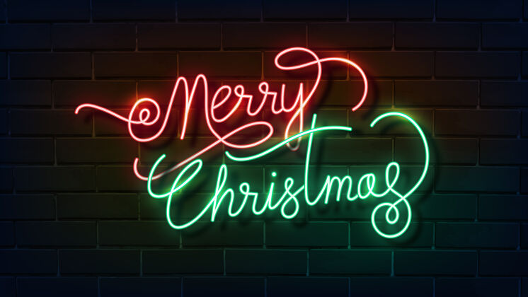 砖墙黑色砖墙上的圣诞霓虹灯标志装饰品庆祝闪亮