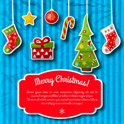 圣诞树蓝色条纹节日明信片与圣诞装饰和红色文本字段欢乐槲寄生雪花