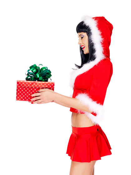 女性资料图片美丽的雪女手持圣诞新年礼盒-孤立的白色惊喜新年